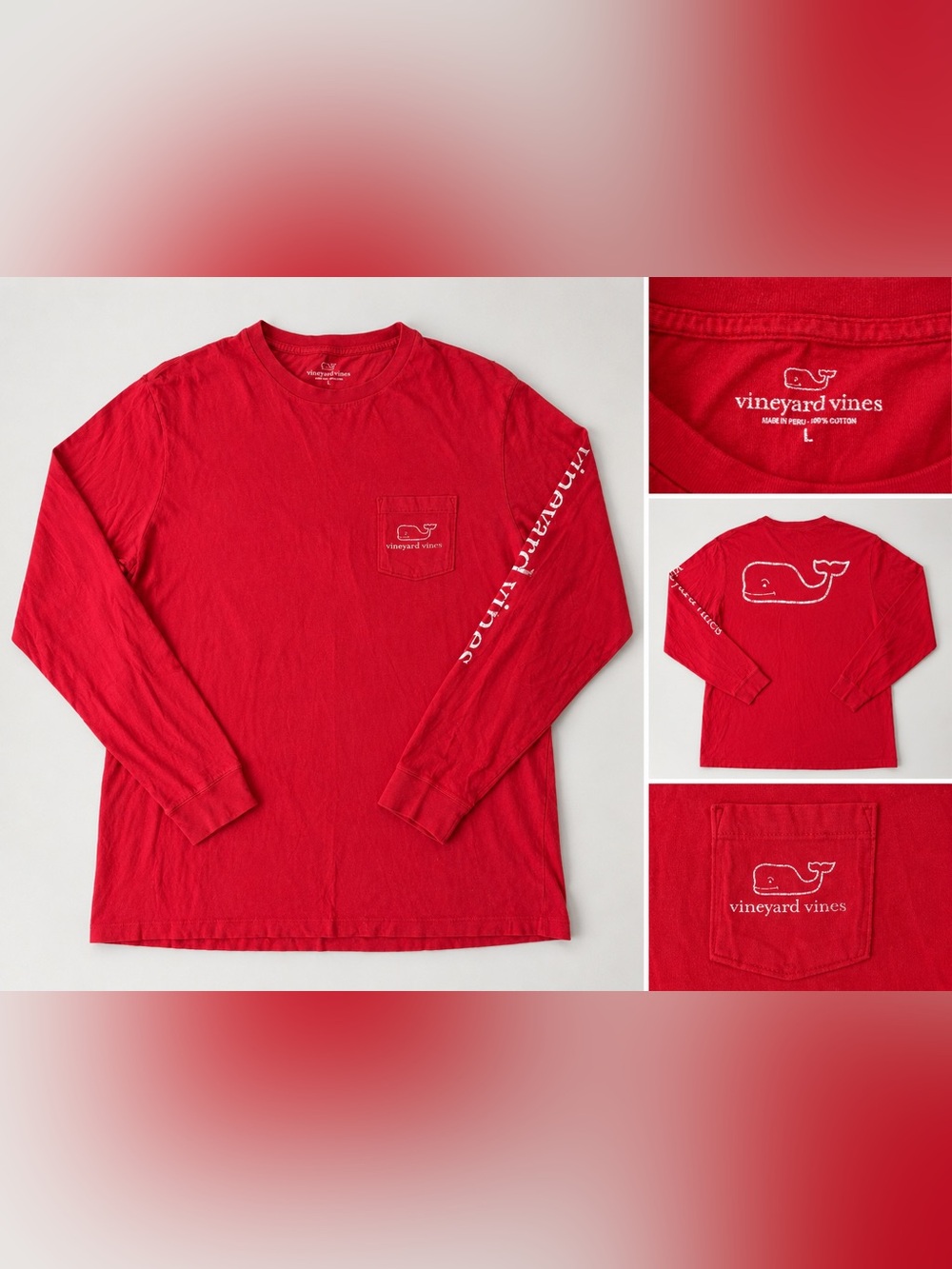 Vineyard Vines Long Sleeve Pocket T-Shirt Red Whale Logo Graphic Size Large L